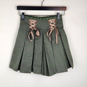 Axes Femme Japan Mori Kei Dark Academia Green Lace-up Pleated Shorts sz M